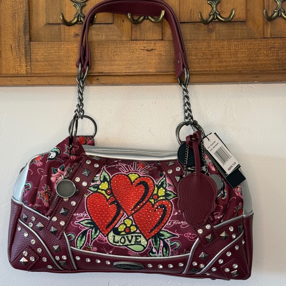 Ed Hardy Burgundy Silver Love Heart Tattoo Satchel Shoulder Bag NWT